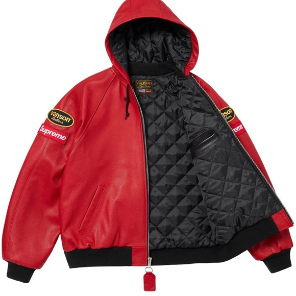 Supreme Vanson Red Hooded Leather Jacket - Picture 2 of 4